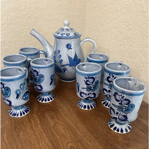 Tonala | Kitchen | Tonala Mexican Teapot Pitcher Jug 8 Pedestal Cups  Mexican Art Pottery Birds | Poshmark